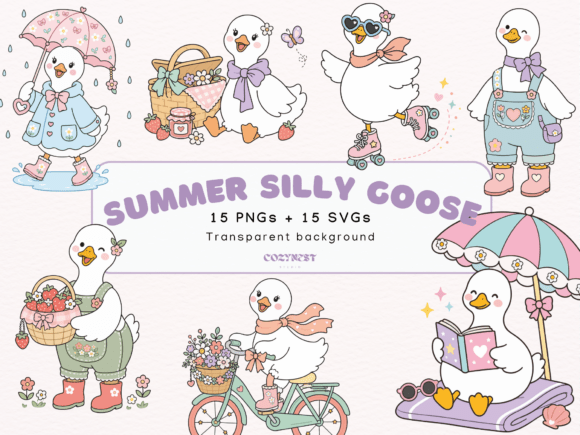 Silly Goose Summer Cliparts: Cute Pastel Charm for Modern Creators